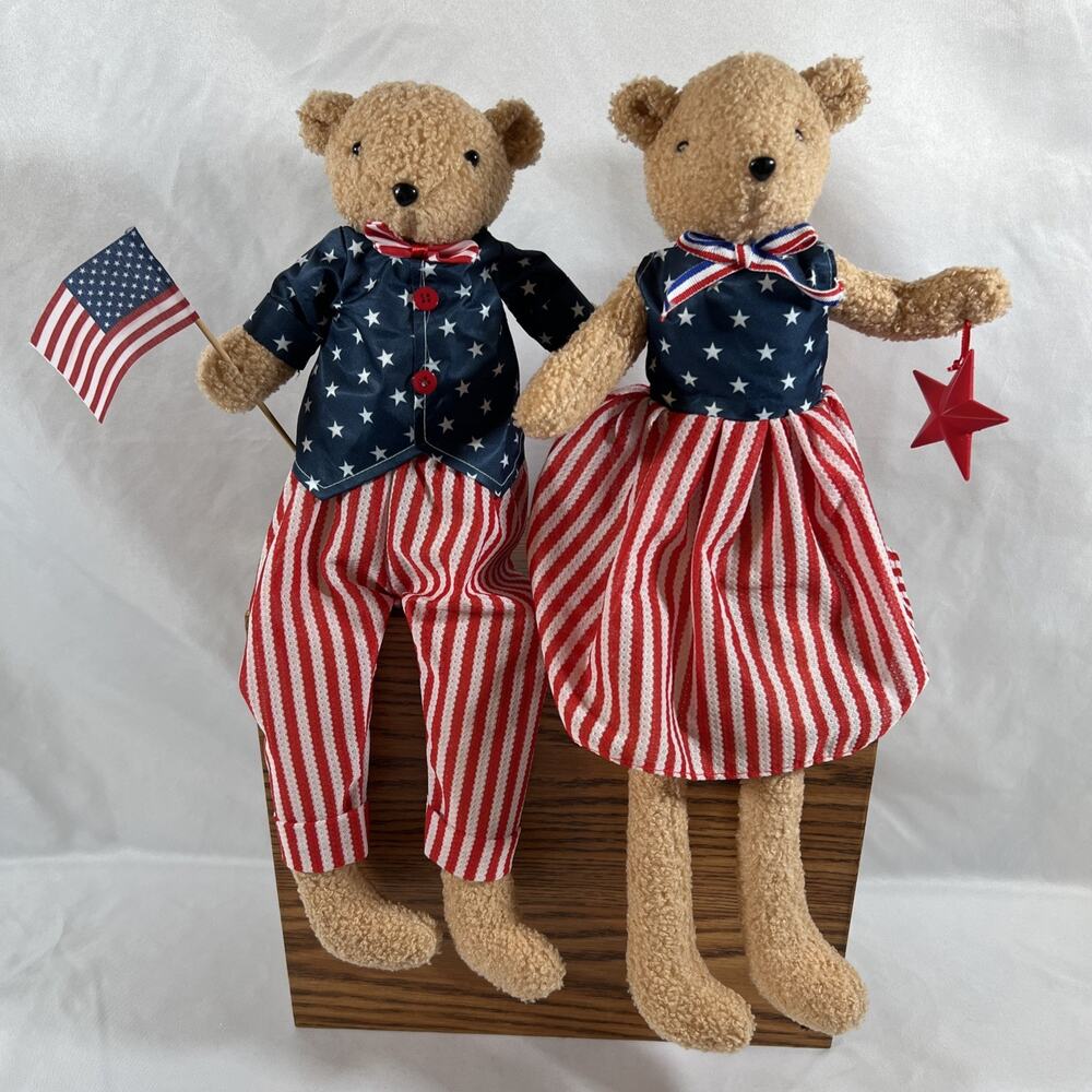 Set of 2 - 18" Patriotic Bears Shelf Sitter 4th of July Decor American Flag USA